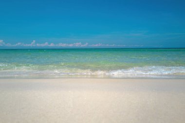 Okyanus mavisi arka plan. Kumlu sahilde yumuşak mavi okyanus dalgaları. Mavi deniz suyuyla güzel bir sahil.