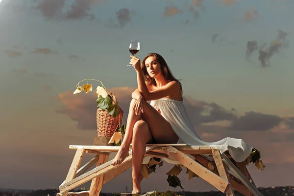 Чувственная женщина с красным бокалом вина плетеная бутылка и виноградная лоза вечером природа над драматическим небом. — стоковое фото