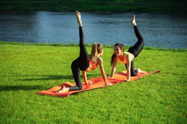 Spor salonundaki kadınlar spor paspasında güneşli açık havada yeşil çimlerde.