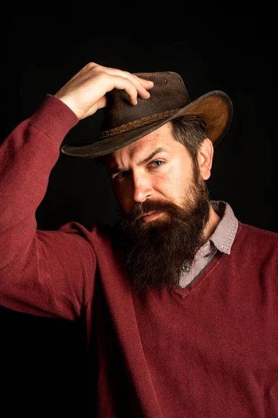 Moda retrô masculina. Retrato de cowboy de chapéu de couro. American Western. Wild West Rodeo. — Fotografia de Stock