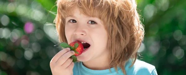 Nutrición orgánica. Lindo bebé feliz con fresa, al aire libre. Niño y fresa. —  Fotos de Stock