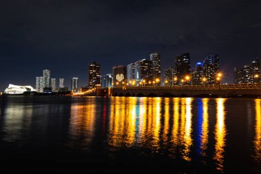 Şehir merkezinde Miami gecesi. Miami, Florida, ABD şehir merkezi silueti.