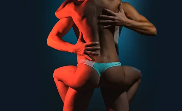 Sexy couple with naked back in underwear pants, passion and couple in love, seduction tenderness and affection — Stock Photo, Image