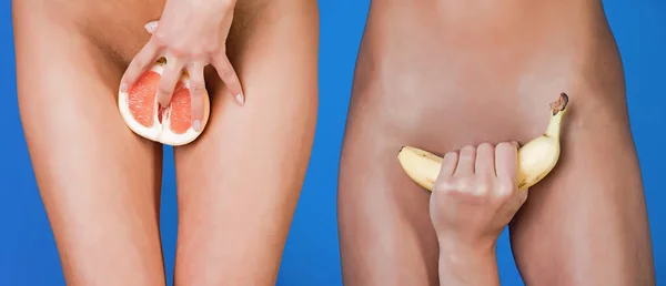 Сексуальные фрукты. банан в руке мужчины во влагалище женщины. концепция мастурбации пениса и влагалища. — стоковое фото