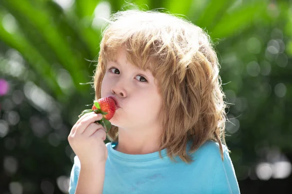 Šťastný chlapec jí jahody na zeleném letním pozadí. — Stock fotografie