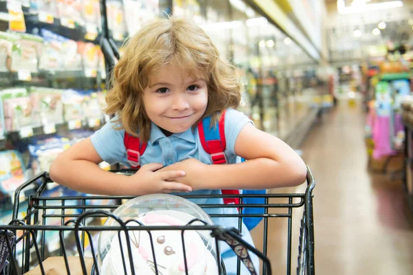 Ребенок с корзиной покупает еду в продуктовом магазине. Семья покупает продукты в супермаркете. — стоковое фото