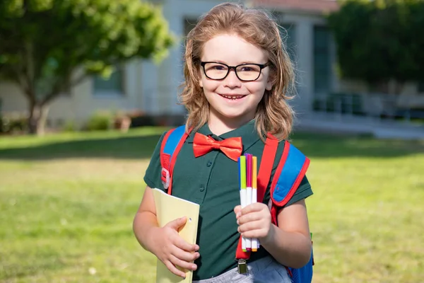 Un sonriente libro de mochilas para estudiantes de escuela. Retrato de un alumno feliz fuera de la escuela primaria. Primeros planos de colegial feliz en gafas al aire libre. —  Fotos de Stock