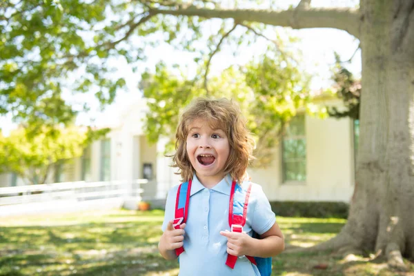 就学前に戻ることに興奮しているほとんどの学生。知識の日だ。子供は勉強に行く。幸せな子供時代。小学校教育. — ストック写真