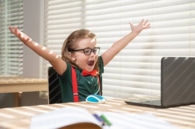 Öğrenci evde dizüstü bilgisayar kullanarak ders çalışıyor. Ev okulu, internet eğitimi, ev eğitimi..