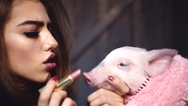 Libre de crueldad. Pruebas de cosméticos animales. Protesta por los derechos de los animales. Mujer con lápiz labial y cerdo. — Vídeos de Stock