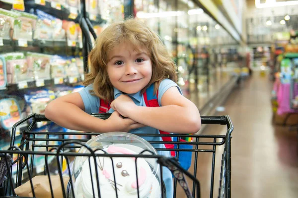 Criança sorridente com carrinho de compras na mercearia ou supermercado. — Fotografia de Stock