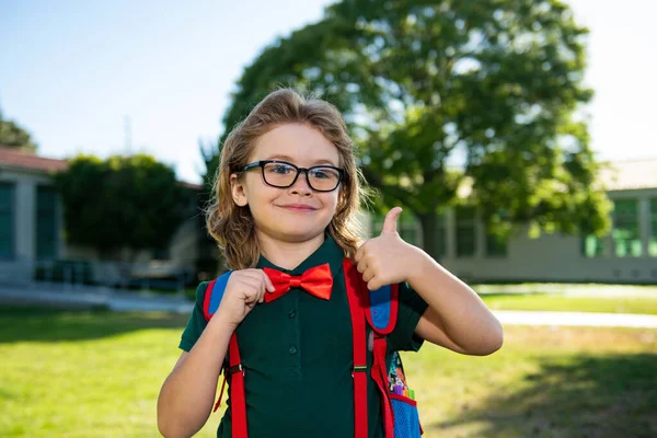 Щасливий усміхнений школяр в окулярах з великим пальцем вгору йде до школи. Дитина з шкільною сумкою. Дитина на відкритому повітрі школи . — стокове фото
