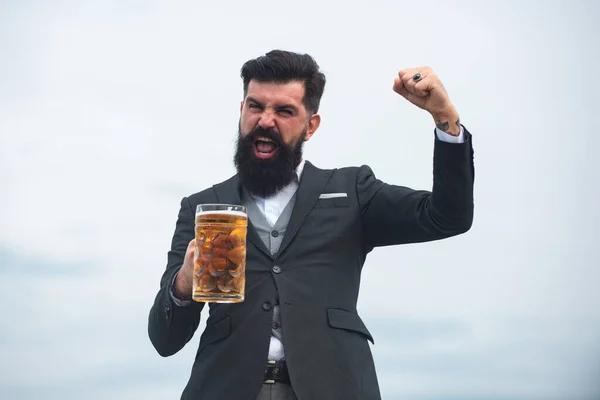 Happy elegant man drinking beer. Excited brewer holding glass with beer. Expression emotions. — Stock Photo, Image