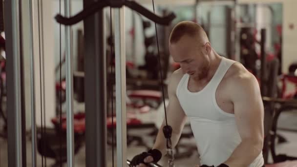 Ejercicios en bíceps en el gimnasio deportivo. Entrenamiento de hombres en el gimnasio. Entrenamiento de fitness. Entrenamiento de hombre atlético. — Vídeos de Stock