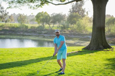 Golfçü yeşil golf topuna vuruyor..