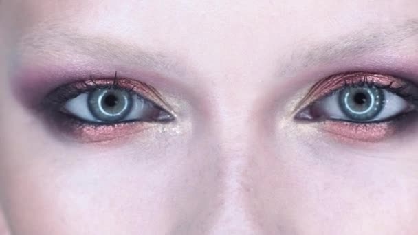 Closeup beauty eyes makeup. Eyeshadow applying. Fashion and beauty cosmetics. — Stock Video