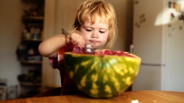Sommerfrucht. Junge essen Wassermelone. Gesundes Essen. Obst der Saison, Sommerfest, Snacks. Kinderernährung. — Stockvideo