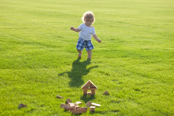 Niños de seguros. Desarrollo infantil. Bebé jugar en verde hierba. —  Fotos de Stock