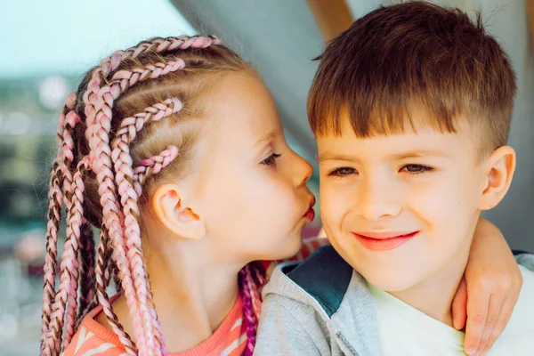 Sweet romantic. Kids little couple. Cute love. Little girl kissing boy. Children relationships — Stock Photo, Image