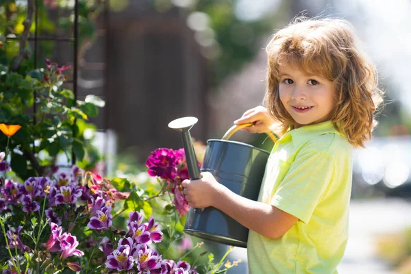 Active kid watering plants on backyard. Child helping arents to grow herbs and flowers in garden. — Stock Photo, Image