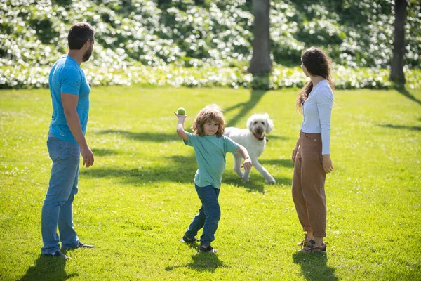 Porträt einer glücklich lächelnden Familie mit Hund beim Entspannen im Park. — Stockfoto