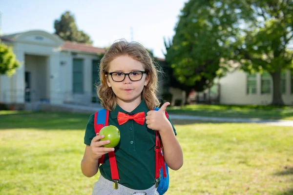 Χαρούμενο χαμογελαστό μαθητή σε γυαλιά με τον αντίχειρα ψηλά πηγαίνει στο σχολείο για πρώτη φορά. Παιδί με σχολική τσάντα. Παιδί σε εξωτερικούς χώρους του σχολείου. — Φωτογραφία Αρχείου