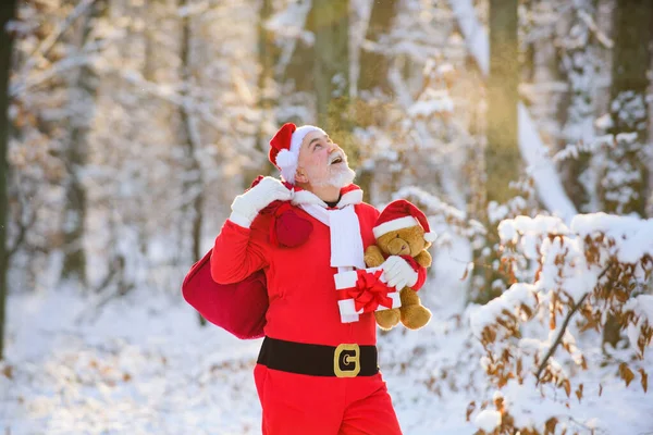 Feliz Santa Claus en Nochebuena lleva regalos en una bolsa. Paisaje invernal de bosque y nieve con santa. Año nuevo concepto de Navidad. —  Fotos de Stock