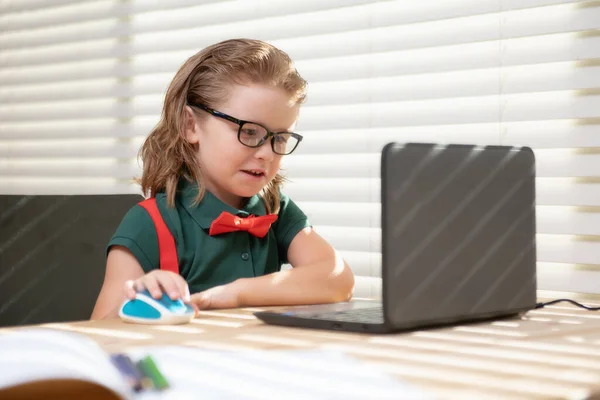 A kisfiú laptopot használ és online tanul. Tanuló az iskolában. Aranyos gyermek használ laptop számítógép, online tanul. — Stock Fotó