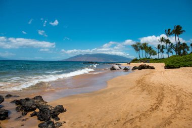Hawaii plajı. Altın kumu olan sahil, turkuaz okyanus suyu. Panoramik deniz manzarası. Yaz tatili için doğal arka plan.