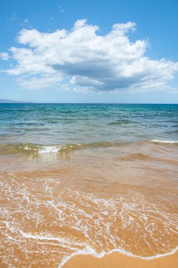 Altın kumu olan sahil, turkuaz okyanus suyu. Panoramik deniz manzarası. Yaz tatili için doğal arka plan.