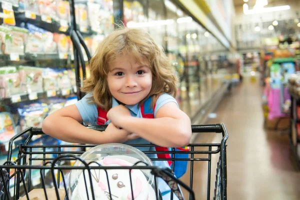 Bambino carino al supermercato o al supermercato con merci nel carrello della spesa. — Foto Stock