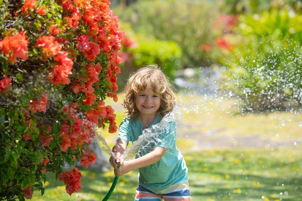 Piante d'innaffiamento del ragazzo sveglio nel giardino al giorno di estate. Bambino con attrezzi da giardino e innaffiatoio nel giardino sul retro. Il ragazzo si diverte in cortile. Il concetto di gentilezza del bambino e dell'infanzia. — Foto Stock