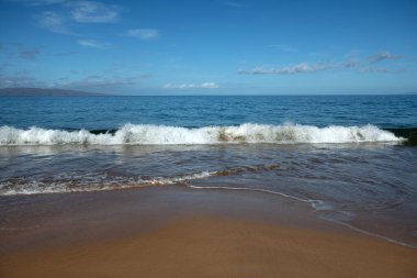 Tropik bir plajda yaz tatili. Kum ve deniz suyuyla dolu cennet kumsalı. Okyanus sahili arka planı.