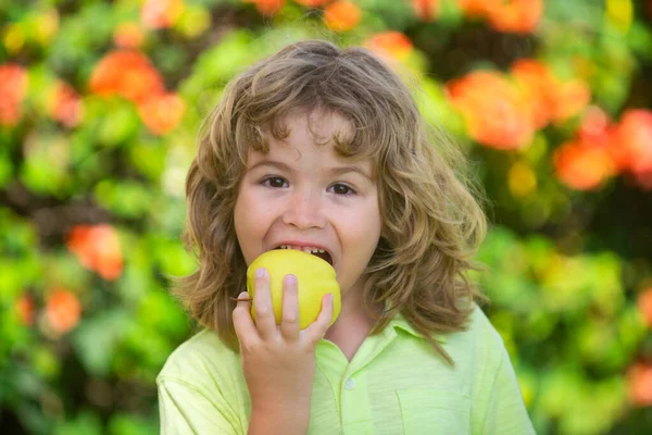 Pequena criança bonita comendo maçã verde. Retrato de criança comendo e mordendo uma maçã. Aproveite o momento de comer. Conceito de alimentação saudável e criança. — Fotografia de Stock