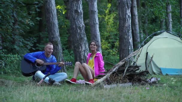 Parę letnich pikników. Obóz firmowy. Biwakując w lesie. Wypoczynek na świeżym powietrzu. — Wideo stockowe