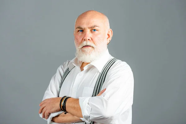 Portrait of stylish man bearded man with grey moustache and beard. Barber shop barbershop concept. — Stock Photo, Image