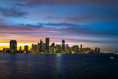 Miami City gece silueti. Miami 'nin geceleri manzarası.
