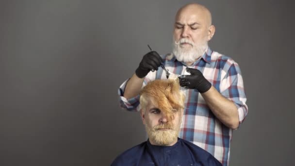 Procedure da barbiere. Cura dei capelli e della barba maschile. Uomo barbuto nel salone di barbiere. — Video Stock