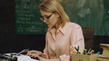 Type write. Secretary, seo manager business. Journalist woman writes with typewrite. Antiques, old fashion.