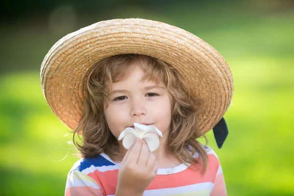 Ritratto di un simpatico bambino con cappello di paglia che profuma di fiore di plumeria. Avvicinare la faccia dei ragazzi caucasici. Primo piano testa di bambino divertente. — Foto Stock