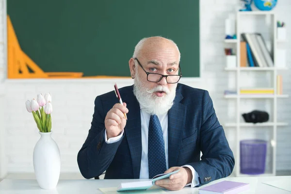 Profesor preparándose para exámenes universitarios. Profesor sosteniendo un libro y señalando. Profesor en la universidad en la conferencia universitaria. —  Fotos de Stock