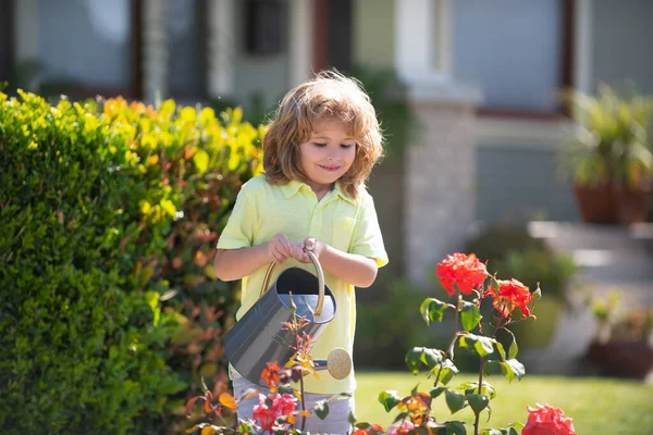 Child pouring water on the trees. Kid helps to care for the plants in the garden. Little boy with a watering can on backyard. — Stock Photo, Image