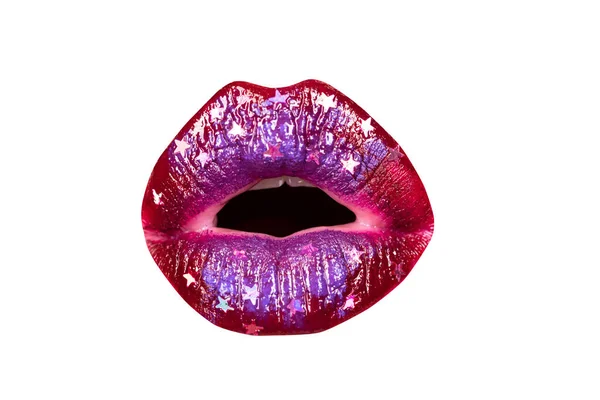 Abre la boca mujer de cerca. Sexy labios femeninos rojos. Boca abierta sensual. Labio aislado, sorprendido wow icono. —  Fotos de Stock