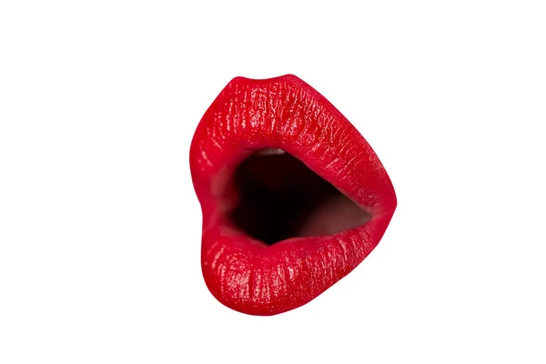 Frau mit offenem Mund aus nächster Nähe. Sexy rote weibliche Lippen. Sinnlich geöffneter Mund. Isolierte Lippe, überraschte Wow-Ikone. — Stockfoto
