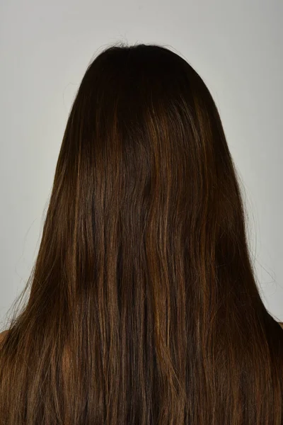 Vue arrière d'une femme aux longs cheveux noirs droits. Longue texture des cheveux fond gros plan. — Photo