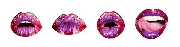 Los labios de las mujeres expresaban emociones diferentes. Conjunto de arte labio primer plano, boca femenina. Colección de labios rojos femeninos. Collage sexy seducción mujer boca, lamer y chupar. Diseño de arte abstracto, banner, aislado. —  Fotos de Stock