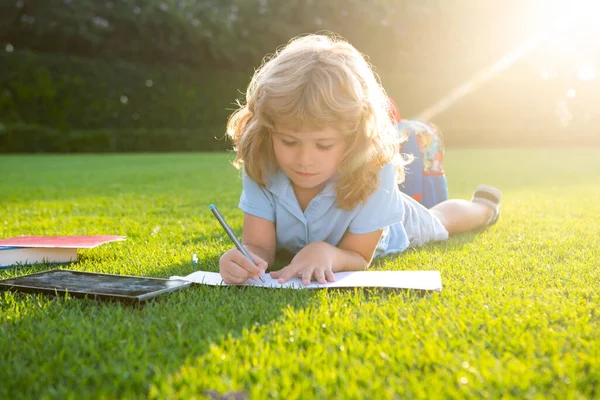Мальчик читает книгу интересов и пишет заметки в блокноте в саду. Летнее веселье. Милый мальчик лежит на траве и читает детскую книгу.. — стоковое фото