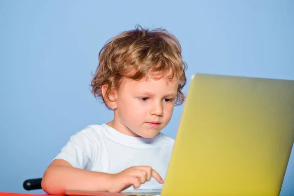 Leuke slimme jongen leerling met laptop. Kind van de basisschool. Vrolijk lachend kind gebruik laptop computer. Vrolijke glimlachende kleine leerling plezier hebben met notebook. — Stockfoto