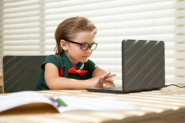 Torniamo a scuola. Divertente ragazzo della scuola elementare con libro e laptop. Educazione. Ragazzo con provviste scolastiche. — Foto Stock