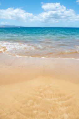 Plaj geçmişi. Kumlu sahilde sakin, güzel bir okyanus dalgası. Tropikal deniz manzarası.